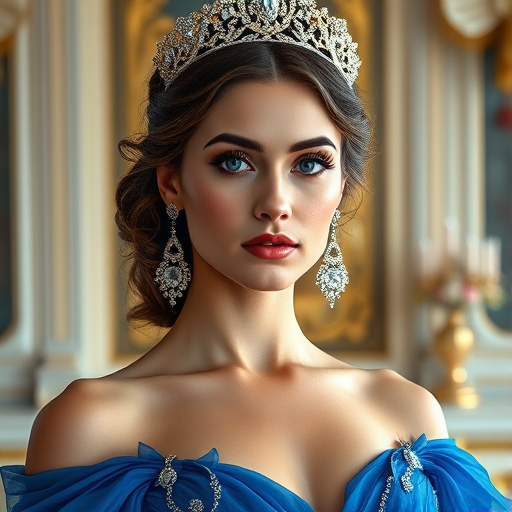 A gorgeous woman in a luxurious blue gown, accessorized with a dazzling tiara and statement earrings, her deep blue eyes highlighted by impeccable makeup, poised in a royal setting, photorealistic, 8K quality