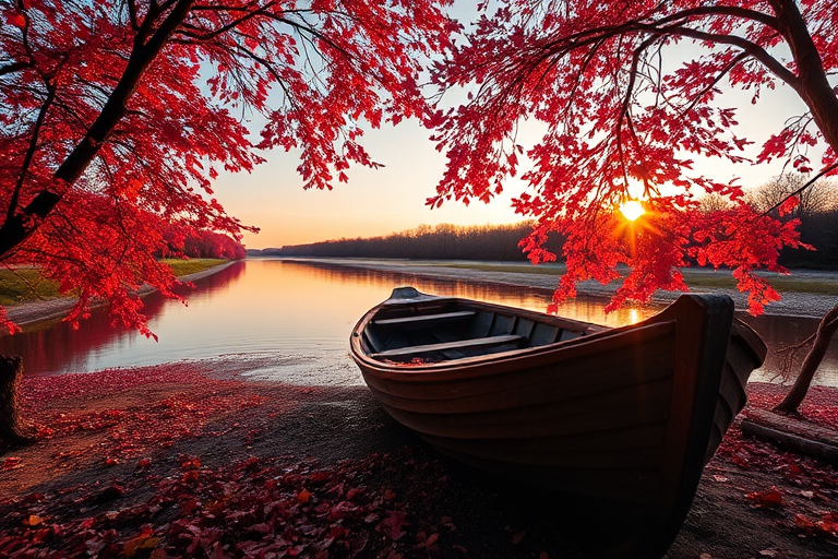 a serene river scene at sunset with vibrant pink and orange foliage, a rustic wooden boat on the shore surrounded by colorful leaves, soft reflections on the water, taken with a DSLR camera at f/4, ISO 100, 1/125 sec, shot from a low angle for an immersive foreground view