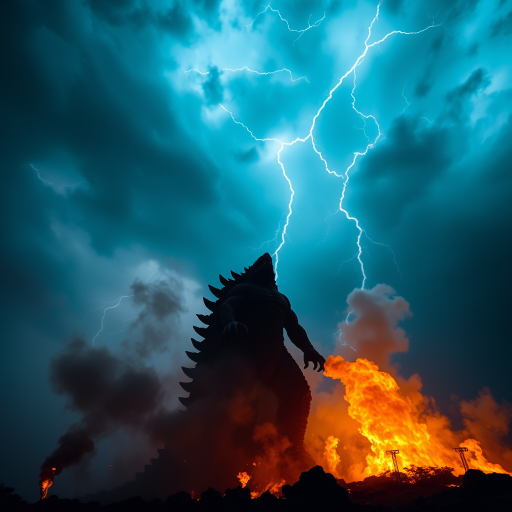 Create a dramatic scene featuring a towering monster silhouette against a stormy sky with lightning, surrounded by flames and smoke, captured with a Canon EOS R5, 24mm f/1.4 lens, at f/2.8, ISO 400, shutter speed 1/250s, in a low-angle shot to enhance the sense of scale and intensity.