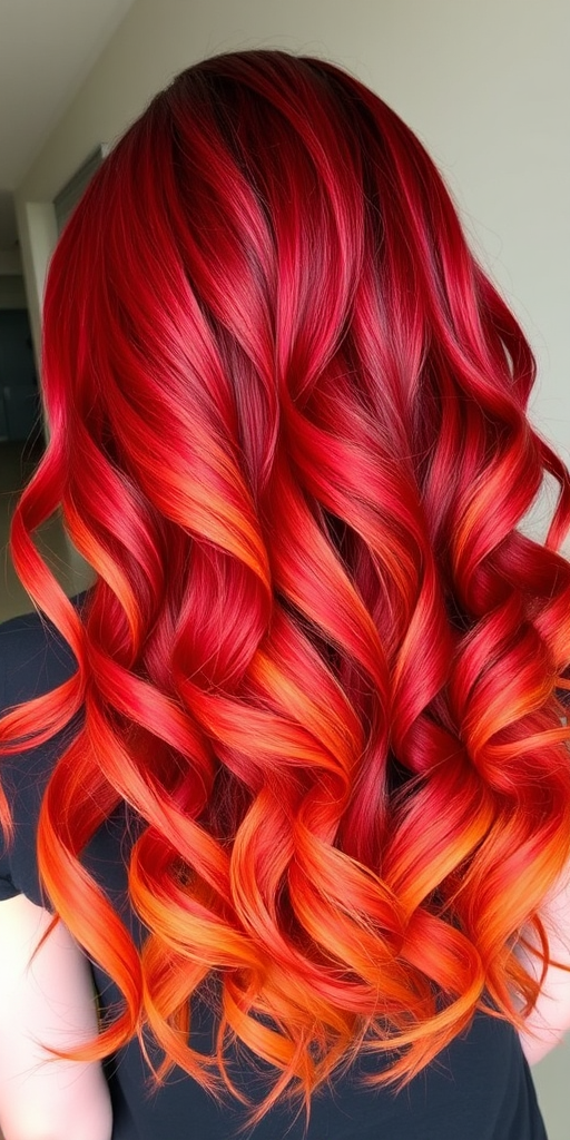 Fiery ombre locks transition from deep crimson roots to bright orange tips, styled in voluminous curls reminiscent of flickering flames, embodying the fierce and passionate "Phoenix Rising" style