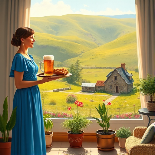 In "A Glass of Beer on the Highland," a serene scene is depicted in a sunlit room where a woman in a vibrant blue dress stands by a large window. She holds a tray with a hearty meal and a frothy glass of beer, embodying a moment of relaxation. Outside, the breathtaking highland landscape features rolling green hills and a charming traditional house, all bathed in warm afternoon light. The interior is adorned with potted plants, creating a harmonious blend of comfort and nature. The painting beautifully captures the tranquility and joy found in simple pleasures amidst stunning scenery