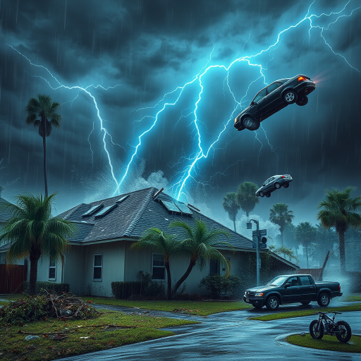 Hurricane Milton blows a roof off a home. Strong winds and rain blows sideways. Palm trees uprooted and bent over. Cars flying through the sky with debris. Sky is dark with thunder storms. Lightning strikes are fluorescent blue. Add text Hurricane Milton 2024