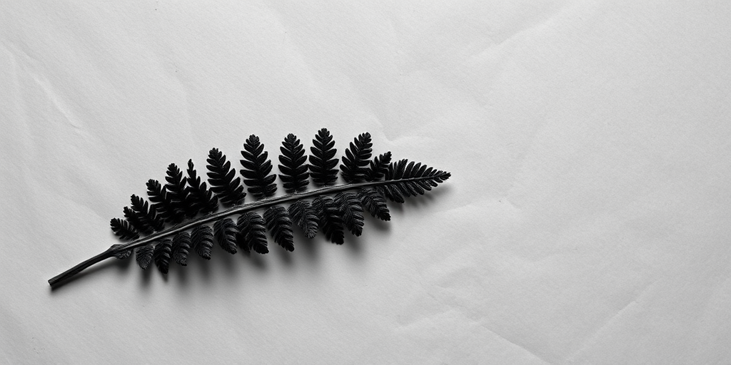 photograph of a fern leaf on textured paper background, high contrast black and white, macro lens, f/8 aperture, 1/125 sec shutter speed, natural light, DSLR camera, top-down view, soft focus for depth