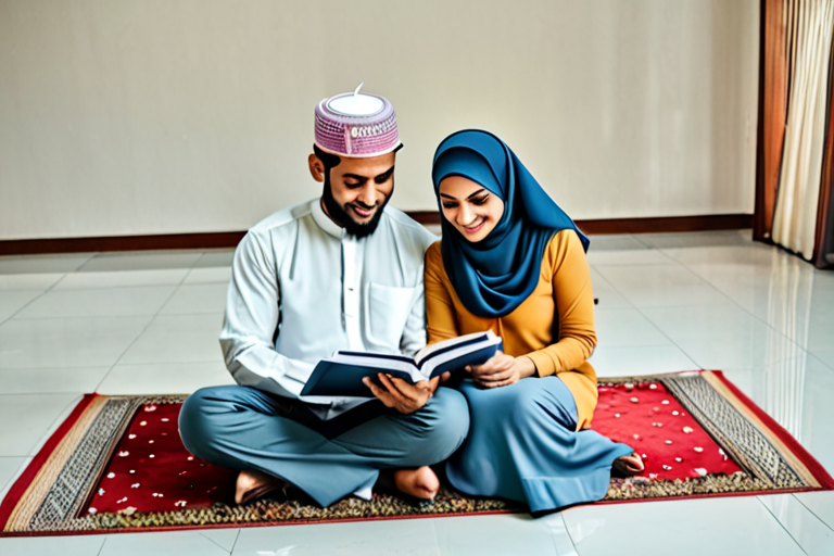 muslim husband and wife sit on the floor reading book