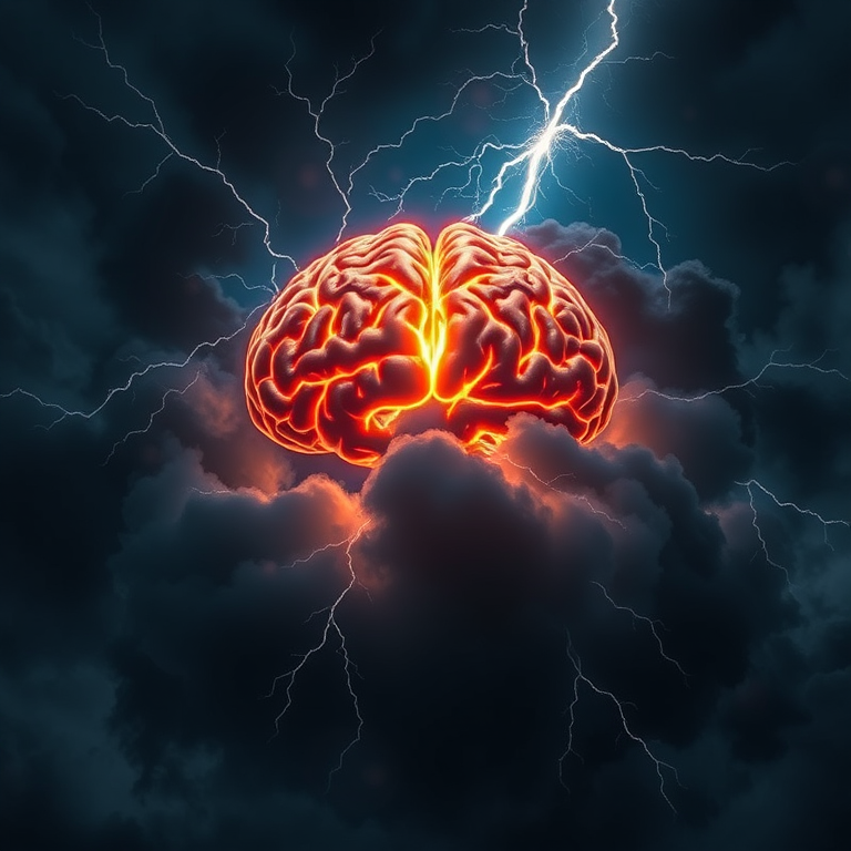 Create a high-resolution image of a glowing brain surrounded by cosmic lightning and dark clouds, captured using a DSLR camera with a 50mm lens, f/1.8 aperture, ISO 200, using a long exposure setting for enhanced detail and clarity.