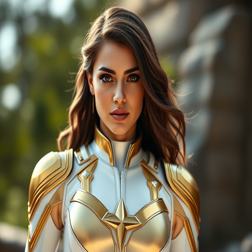 Create a high-resolution portrait of a female superhero in a sleek, white and gold costume with a confident expression, using a Canon EOS 5D Mark IV, 85mm lens, f/1.4 aperture, 1/200 sec shutter speed, in soft natural lighting with a blurred background to enhance the subject's prominence.