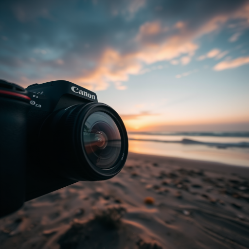 Capture a high-resolution image of a tranquil beach scene at sunset, using a DSLR camera with a 50mm lens, aperture set to f/2.8, ISO 100, at a low angle for enhanced perspective and warm color tones.
