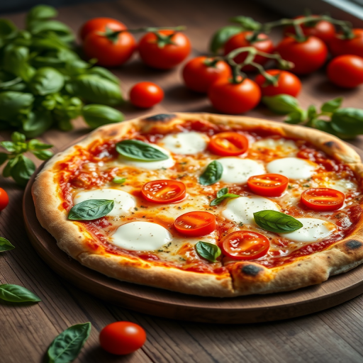 a freshly baked Margherita pizza with mozzarella and cherry tomatoes on a wooden board, surrounded by fresh basil and tomatoes, captured in natural light, with a 50mm lens, f/2.8, ISO 100, shot from a slightly elevated angle to highlight the pizza and background elements, using a DSLR camera
