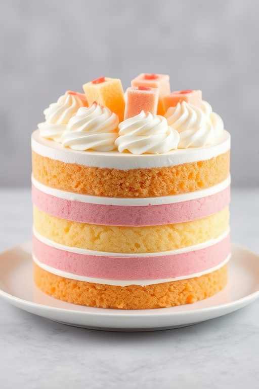 A beautifully decorated cake with layers of pink and yellow sponge, topped with whipped cream and small squares of cake, presented on a white plate against a soft gray background.