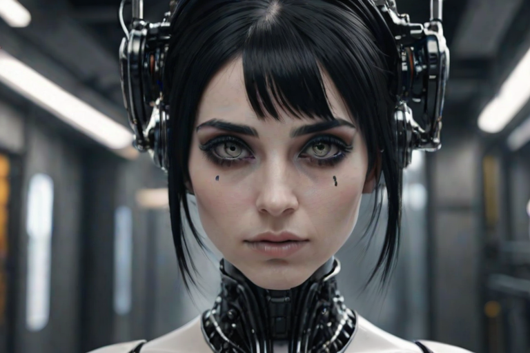 cgi render front view portrait of a black haired goth robot woman in a utopian world