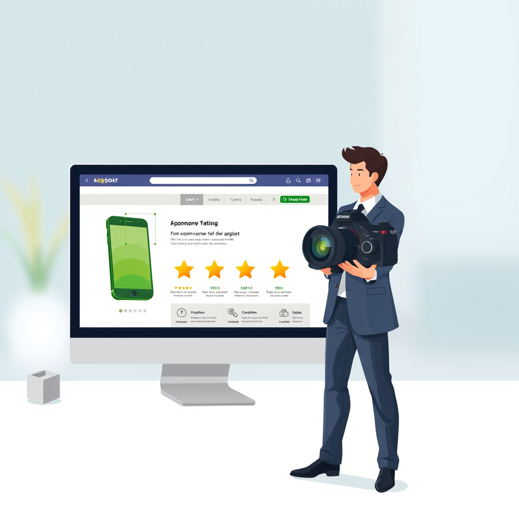 Create a high-resolution vector illustration of a businessperson in a suit standing next to a large computer screen displaying an e-commerce website with a green mobile phone, five-star ratings, and various icons, using a DSLR camera with a 50mm lens, f/1.8 aperture, and soft focus background for enhanced clarity.