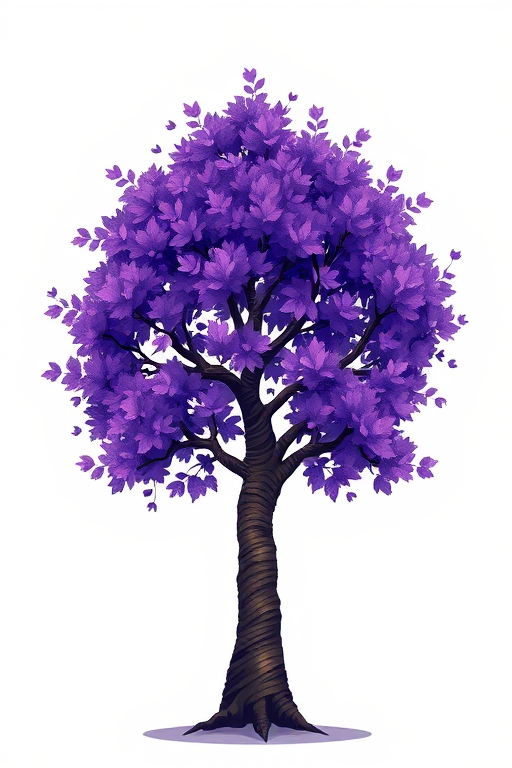 Create a vibrant digital artwork of a stylized tree with intricate purple leaves and a striped trunk against a clean white background, using a high-resolution setting at 300 DPI, with a wide-angle view to capture the full height and detail of the tree, utilizing a digital painting style on a graphics tablet.