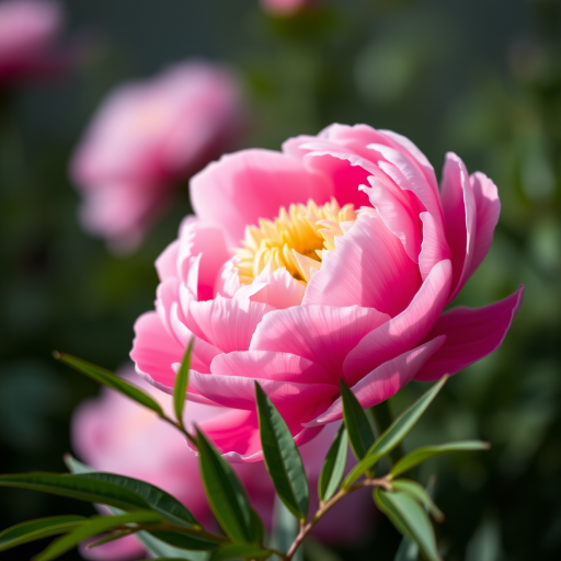macro shot of a blooming pink peony flower with green leaves in the foreground, natural light, f/2.8 aperture, 1/200 sec shutter speed, ISO 100, DSLR camera, lens focal length 100mm, soft focus background for depth.