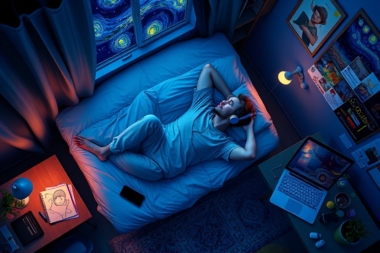 A top-down Van Gogh-style painting of a young man lying on his bed, listening to music with headphones. The room is softly lit with deep blues and purples, creating a peaceful nighttime atmosphere. The bed has a soft pillow, and the man's arms are resting behind his head. Around the bed, various glowing gadgets such as a smartphone, a laptop, and a small lamp are visible, casting a gentle light. The rest of the bedroom includes a desk with books, a chair, and a small rug on the floor. A window near the bed reveals a starry night sky with swirling stars, reminiscent of Van Gogh's 'Starry Night.' On the desk, there is a sketchbook with colorful drawings, a cup of coffee steaming gently, and a small potted plant. The walls have posters of famous paintings and a corkboard with pinned notes and photos. The scene is full of dynamic, swirling brushstrokes, capturing the essence of Van Gogh's unique style. The overall mood is serene and contemplative, with a touch of artistic inspiration.