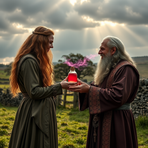 Create a super realistic photo portrait of the sorceress Nimue enthralling the old long haired and bearded magician Merlin with the scent of a magic perfume-potion. Merlin's senses are blurred and he has a happy smile on his face like that of a slightly drunken man. Nimue is standing opposite of Merlin facing him. She is holding out the potion with both hands towards Merlin's nose. A visual depiction of the pink scent soflty creeps into Merlin's nostrils. The picture is set in front of a typical British landscape with grass, a dry stone wall and old and big trees. Cloudy skies with sun-rays braking through giving the picture a soft and romantic tone. HDRI, 8k,V-Ray render