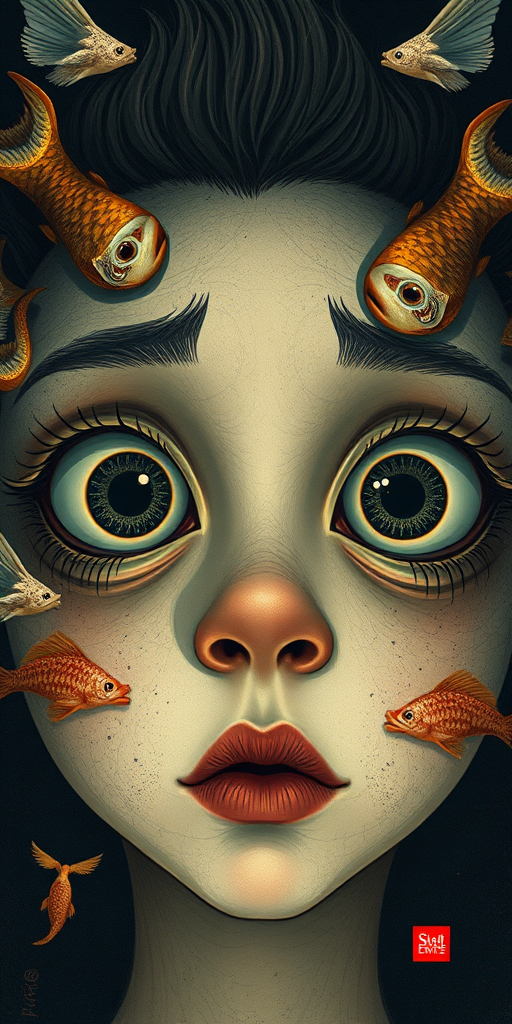 Create a surreal illustration of a face with large, expressive eyes and abstract elements resembling fish, using a soft focus camera style, 50mm lens, f/1.8 aperture, ISO 100, and a low light setting to enhance detail and contrast.