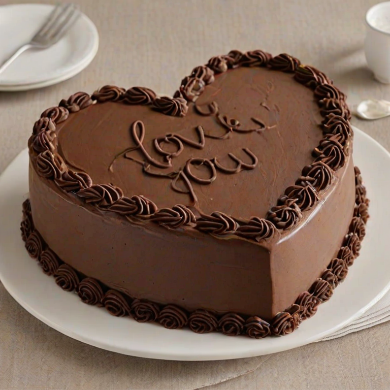 Create an image of a heart-shaped chocolate cake with the words "Love You" written on top. The cake should be decorated with intricate chocolate frosting swirls and small chocolate chips scattered around. The overall presentation should be elegant and inviting, set against a simple background.