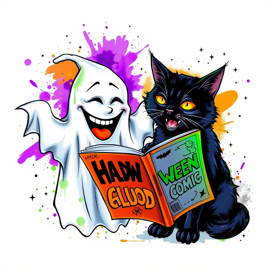 Image of a ghost and a black cat laughing exaggeratedly , and reading a comic halloween comic book, alcohol ink airbrush style, funny halloween theme, white background with neon purple, neon orange, neon green splash, black sparkles stars , dazzling BG