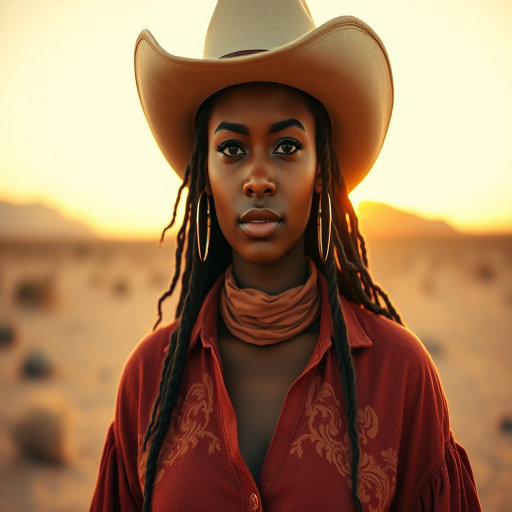 Dramatic photo of a beautiful Cape Verdean woman, classic cowboy attire, confident and free spirit expression, half-length portrait, centered, golden hour desert landscape, warm, diffused light, low angle, medium format film camera, in style of Annie Leibovitz.