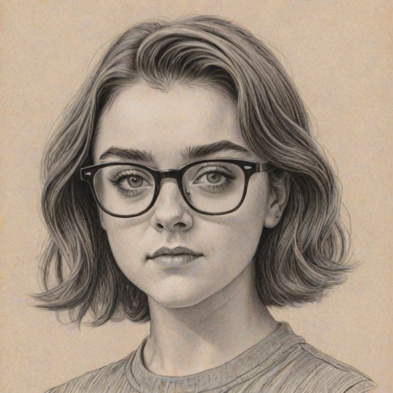 Delightful Maisie Williams, pencil sketch, portrait of Dazzling woman 1958s in glasses, hair style beatnik, outline, clear lines, fine lines, 8k