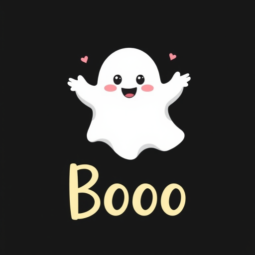 Cute cartoon ghost with a smiling face on a black background and the word "Boo" written above in a playful font.