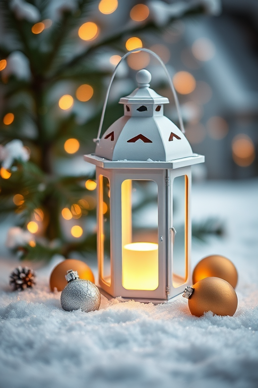 Create a cozy winter scene featuring a white lantern glowing softly in the snow. Surround the lantern with festive ornaments, including a silver ball and a gold one, on a shimmering snowy surface. Add a hint of evergreen branches in the background, with a blurred bokeh effect of warm lights to enhance the holiday atmosphere.