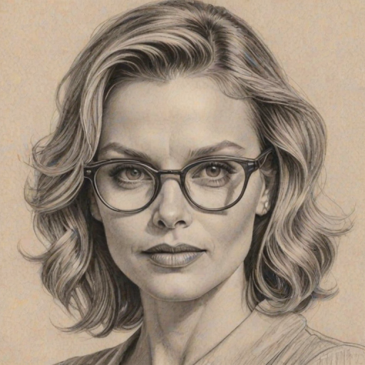 Exquisite Michelle Pfeiffer, pencil sketch, portrait of Bewitching woman 1946s in glasses, hair style beatnik, outline, clear lines, fine lines, 8k