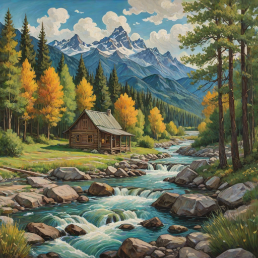 This Van Gogh-inspired painting depicts a peaceful scene of a small cabin located near a flowing river. The scene is surrounded by lush vegetation, including tall trees and rocky terrain. In the background, majestic mountains rise under a sky filled with rolling clouds. The river gently cascades over the rocks, adding a sense of movement and tranquility to the scene. The use of vibrant colors and detailed brushstrokes create a sense of depth and harmony in the natural setting.