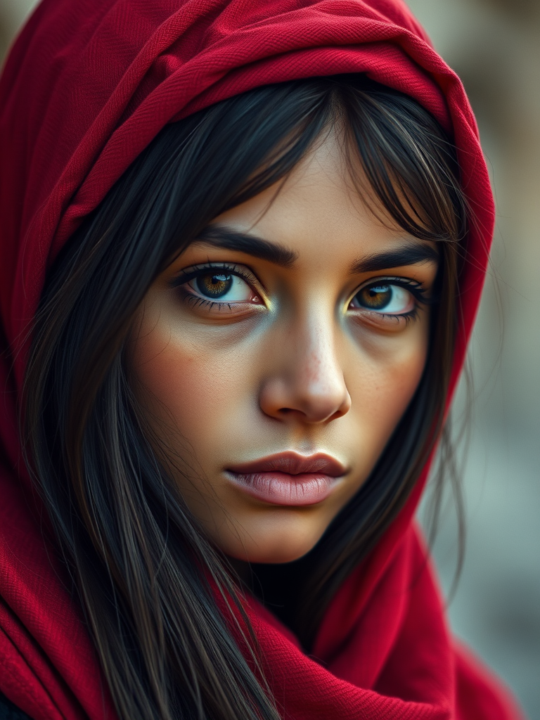 Create a portrait of a young taino woman with long, dark hair and captivating hazel eyes. She is wearing a red headscarf and a matching scarf draped gracefully around her neck. The background is softly blurred, focusing attention on her serene and natural expression. The overall color palette is muted and warm, enhancing the intimate and authentic feel of the portrait.
