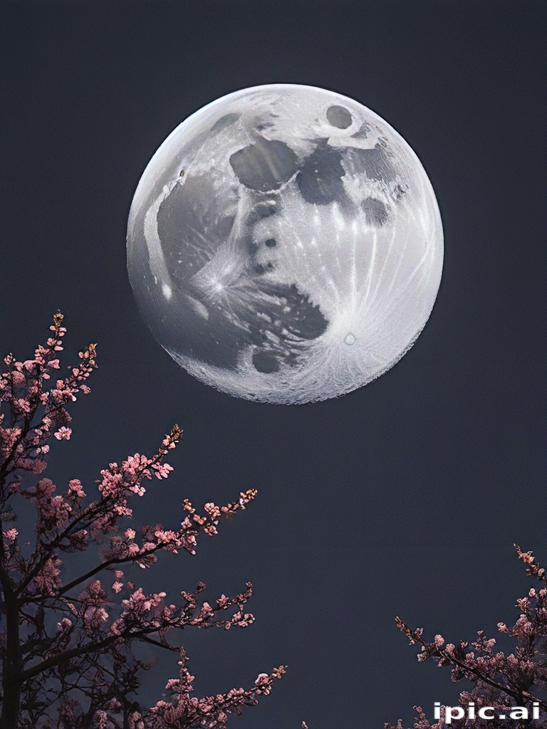 Majestic Full Moon Illuminating Cherry Blossoms Under a Starry Night Sky