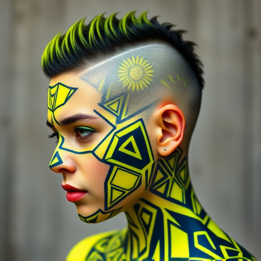 Edgy neon yellow buzz cut with intricate geometric patterns, showcasing bold individuality and avant-garde style