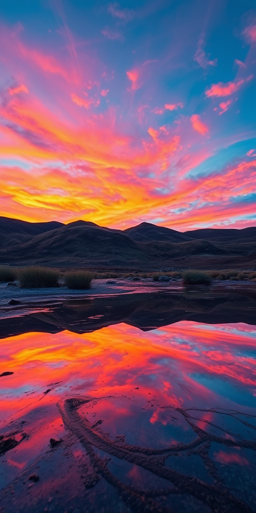 vibrant abstract landscape with multicolored patterns reflecting in water, shot with a Canon EOS R5, 50mm lens, f/1.8 aperture, ISO 100, 1/200 sec exposure, wide-angle view, high saturation, and sharp focus on colors