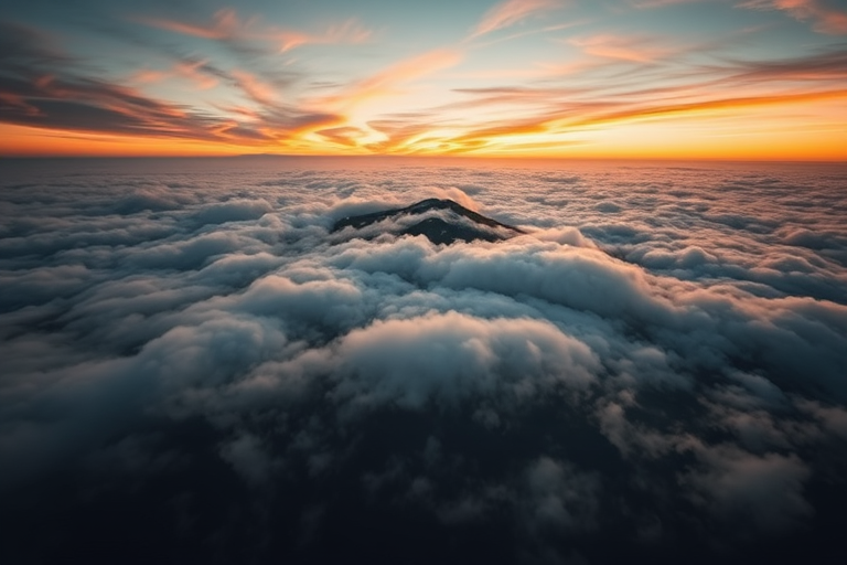 captivating landscape of rolling clouds engulfing a mountain at sunset, taken with a Canon EOS R5, 50mm lens, f/1.8 aperture, ISO 100, slow shutter speed of 1/60 sec, aerial view, soft focus for artistic effect