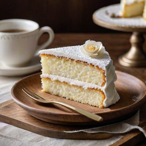 Create an image of a fluffy cream-filled cake on a wooden serving stand. The cake has a light golden-brown crust and is dusted with powdered sugar. A slice has been removed, revealing a smooth, rich filling inside. The background features a simple, elegant kitchen setting with a subtle white tile design. Include a delicate flower arrangement in the scene for added charm.