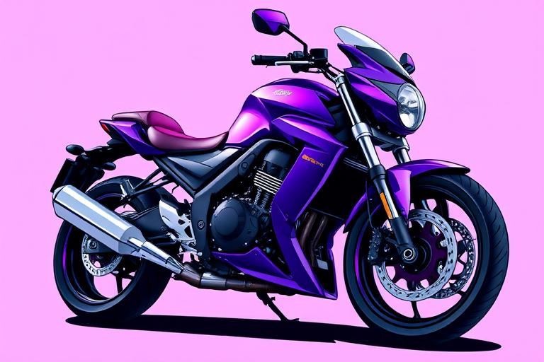 Create a vibrant digital illustration of a purple motorcycle with sleek lines and detailed features, using a high-resolution setting, ISO 100, aperture f/4, 50mm lens, in a side view composition with a focus on contrast and color saturation.