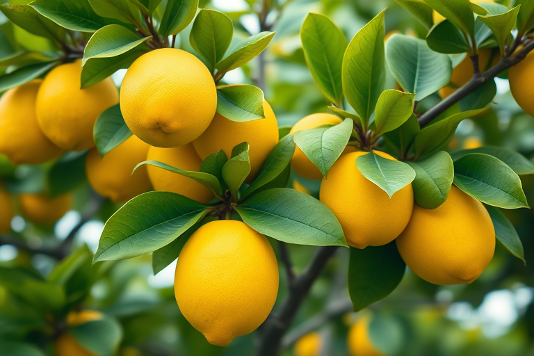 Generate a vibrant digital illustration of a lemon tree with bright yellow lemons and lush green leaves, captured with a DSLR camera at f/2.8 aperture, ISO 100, 50mm lens, in a close-up perspective for enhanced detail and clarity.