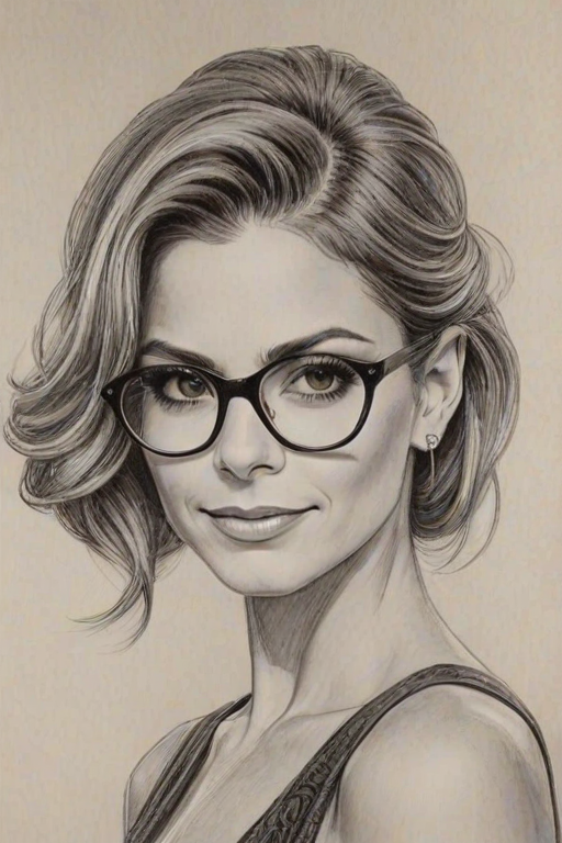 Alluring Maria Menounos, pencil sketch, portrait of Alluring woman 1935s in glasses, hair style beatnik, outline, clear lines, fine lines, 8k