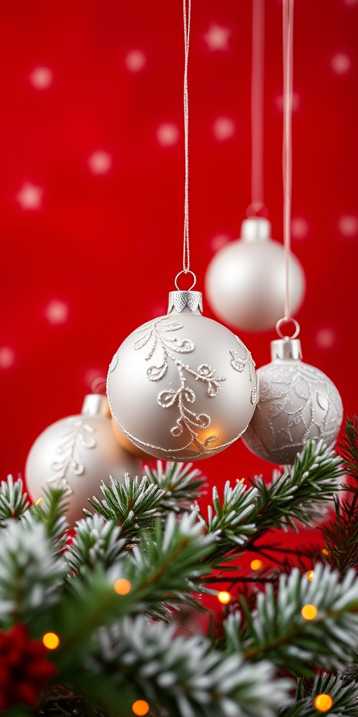 Create a festive background with a rich red backdrop featuring elegantly designed white Christmas ornaments and scattered glimmering stars, captured with a DSLR camera at f/2.8 aperture, ISO 100, 50mm lens, in a soft focus style.