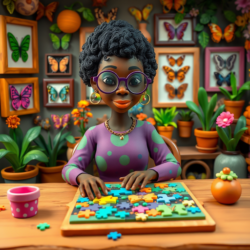 A vibrant and whimsical illustration of an african american woman sitting at a table working on a colorful jigsaw puzzle. she is wearing round glasses, and patterned clothing in shades of purple and green.  The background features an eclectic collection of framed butterflies, potted plants, and other natural elements, creating a warm and inviting atmosphere. The style is playful and modern, with rich textures, intricate details, and a lively color palette.