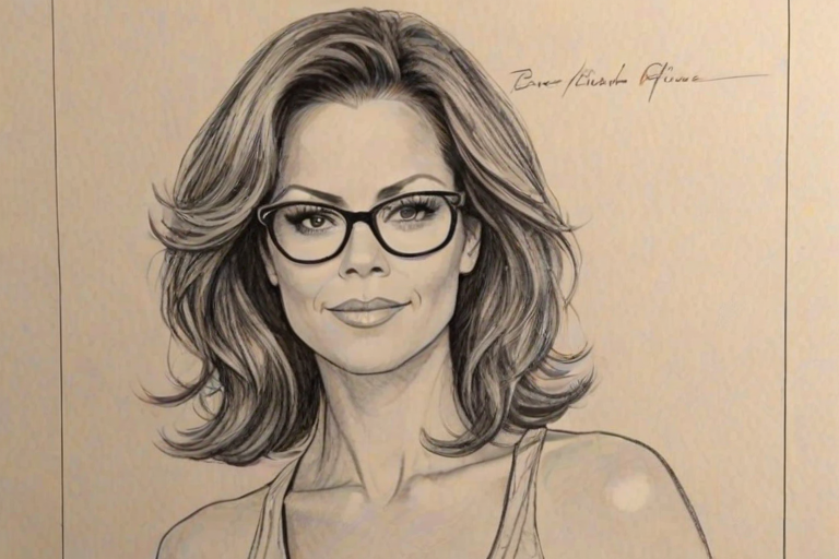 Resplendent Brooke Burke, pencil sketch, portrait of Beauteous woman 1935s in glasses, hair style beatnik, outline, clear lines, fine lines, 8k