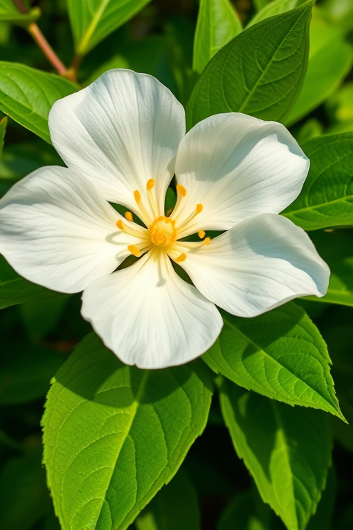 Create a high-resolution illustration of a white flower with yellow stamens surrounded by lush green leaves, using a Canon EOS R5, 50mm lens, f/2.8 aperture, ISO 100, natural light, focusing on vibrant colors and smooth textures.