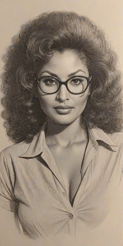 Appealing Pam Grier, pencil sketch, portrait of Captivating woman 1947s in glasses, hair style beatnik, outline, clear lines, fine lines, 8k