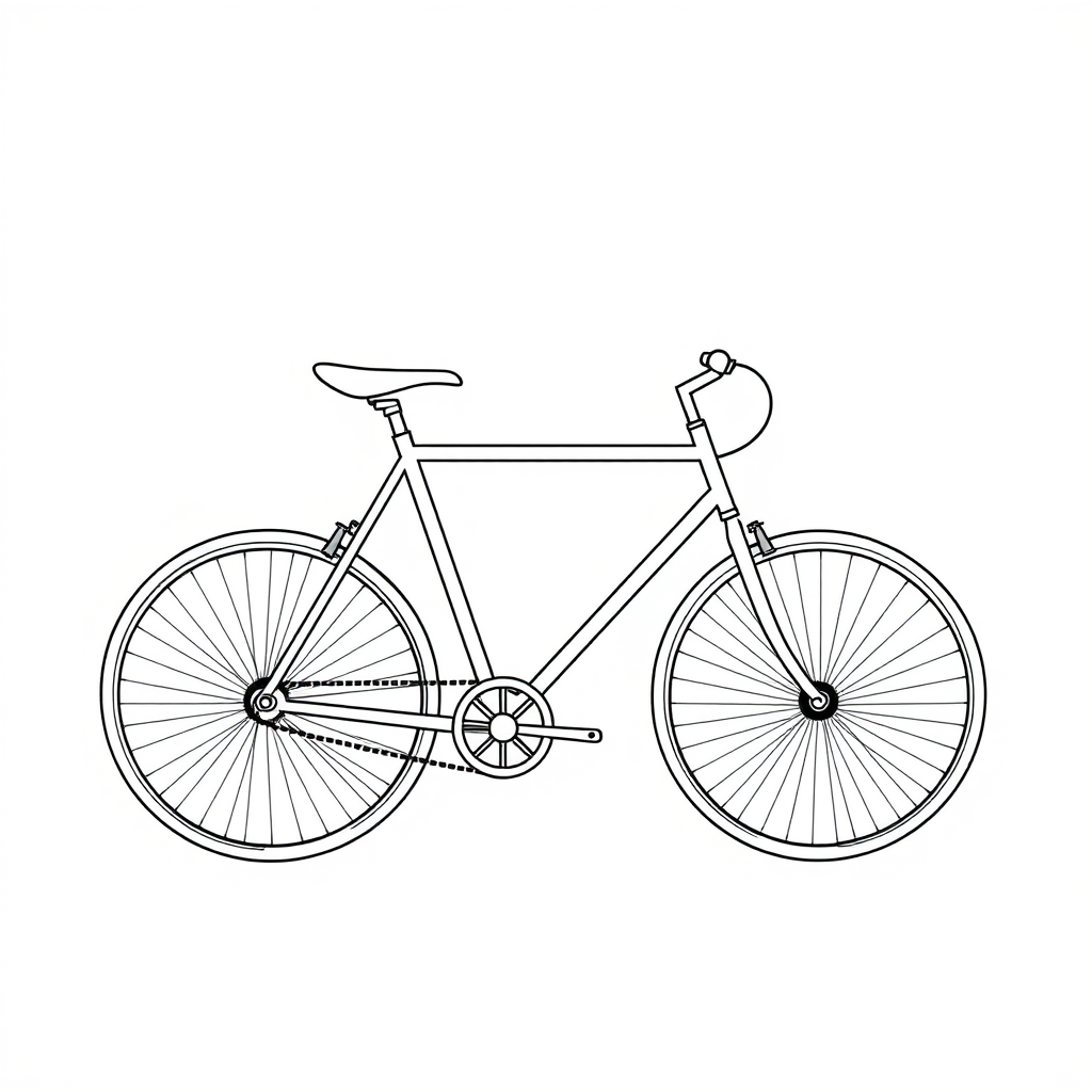 Create a high-resolution image of a simple bicycle outline with clear, defined lines and no background, using a DSLR camera with a 50mm lens, aperture set to f/2.8, ISO 100, with a side view perspective and minimalistic style.