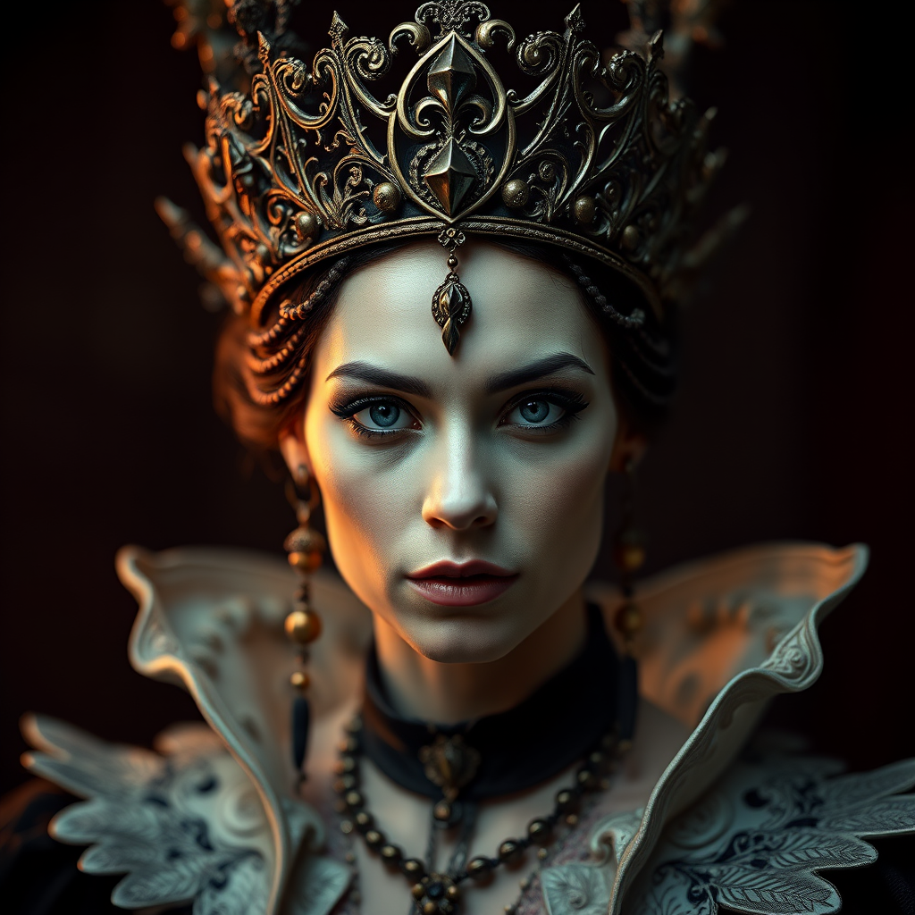 portrait of a dark fantasy queen with intricate crown and mystical accessories, soft lighting with a moody atmosphere, ISO 100, f/2.8, 85mm lens, shallow depth of field, Nikon D850, studio lighting setup, high-resolution detail