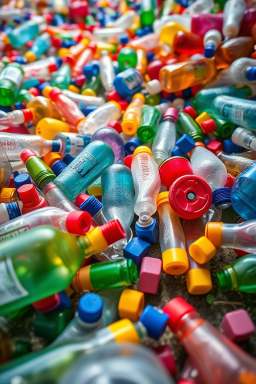 A colorful heap of plastic bottles scattered on the ground, captured with a DSLR camera at f/8 aperture, ISO 100, 1/125 sec exposure, low angle view, natural light, emphasizing the texture and colors of the plastic.
