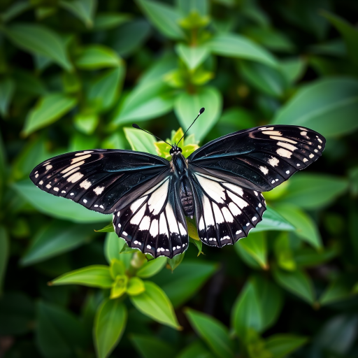 Generate an image of a butterfly perched on a green plant. The butterfly should have striking black wings with white markings. The background should feature lush green foliage, creating a vibrant natural setting. The focus should be on the butterfly, highlighting its intricate wing patterns and textures.