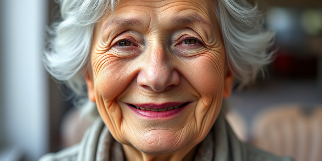 Generate a detailed portrait of a smiling elderly woman with soft lines and gentle expression, shot with a Canon EOS R5 at 85mm, f/1.8, ISO 100, natural lighting, shallow depth of field for a soft background blur.