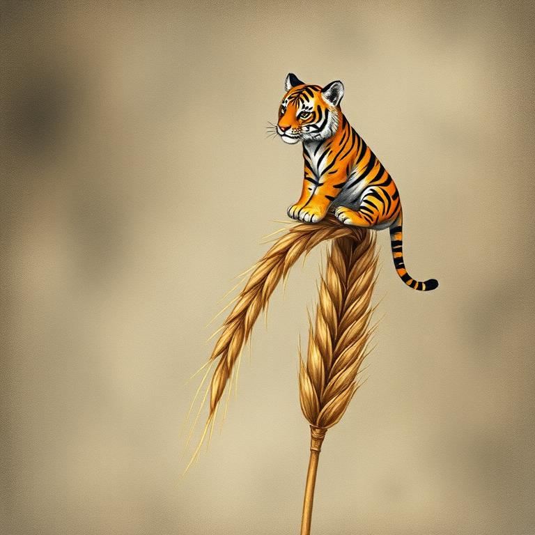 Soft, muted Alcohol Ink with ebru effect background image of tiny whimsical tiger, who climbed high on the top of a golden rye ear.
