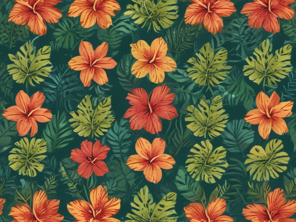 Vibrant Tropical Floral Pattern Featuring Hibiscus and Lush Green Foliage.