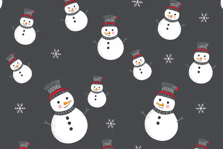pattern of cute snowmen wearing top hats on a dark gray background, high resolution, 300 dpi, close-up view, DSLR camera, f/5.6 aperture, ISO 100, soft lighting